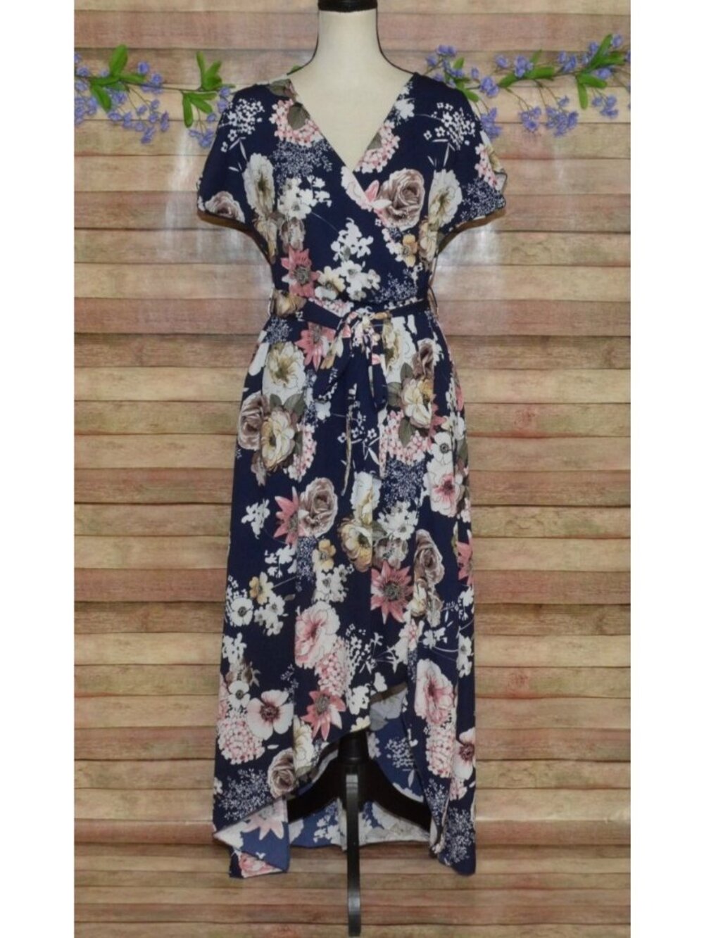 Wren & Ivory Size S Blue Floral Maxi Dress Cottage Core Navy Blue Faux Wrap Belt